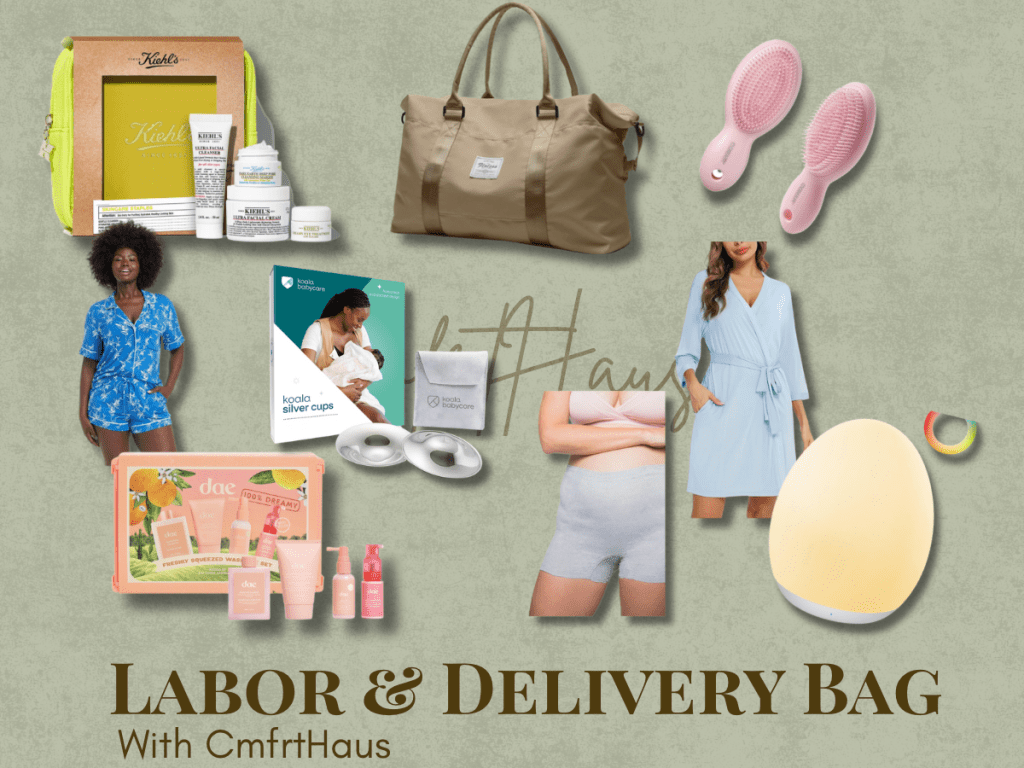 Mood board of cozy hospital bag essentials for labor and delivery including skincare, pajamas, robe, and travel toiletries