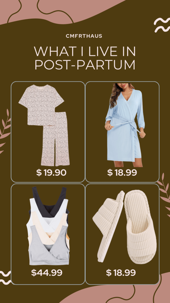 Postpartum essentials flatlay from CmfrtHaus featuring four cozy items: a pink speckled short-sleeve lounge set ($19.90), a light blue wrap robe ($18.99), a five-pack of wireless nursing bras in neutral tones ($44.99), and cream ribbed house slippers ($18.99). Designed for new moms prioritizing comfort and practicalit
